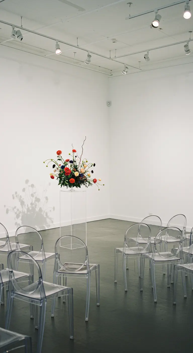 Minimalistische ceremonieopstelling in witte ruimte met één bloemstuk op een plexiglas zuil en ghost chairs.