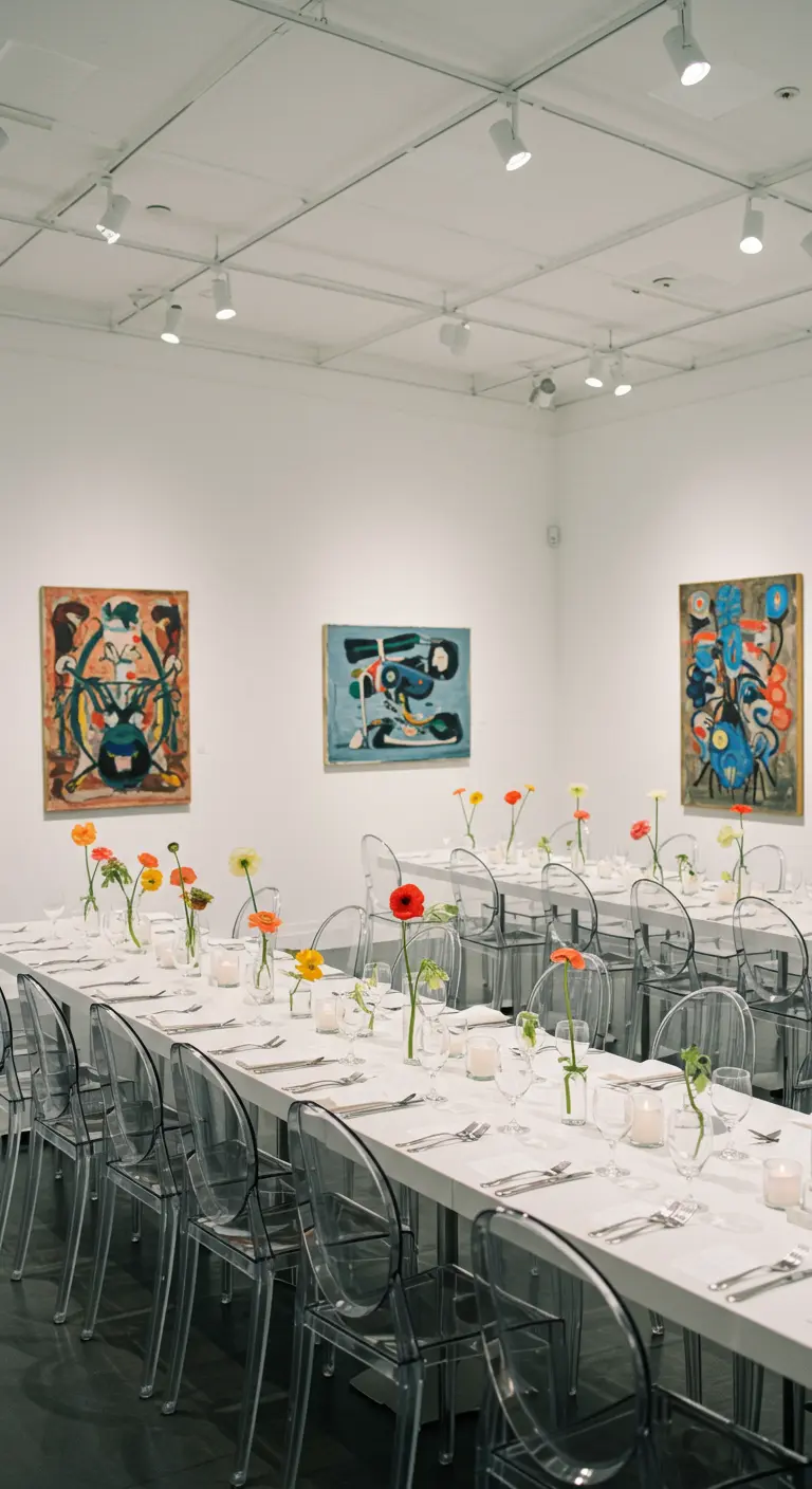 Lange witte tafels met transparante stoelen en enkele kleurrijke bloemen in kunstgalerie.