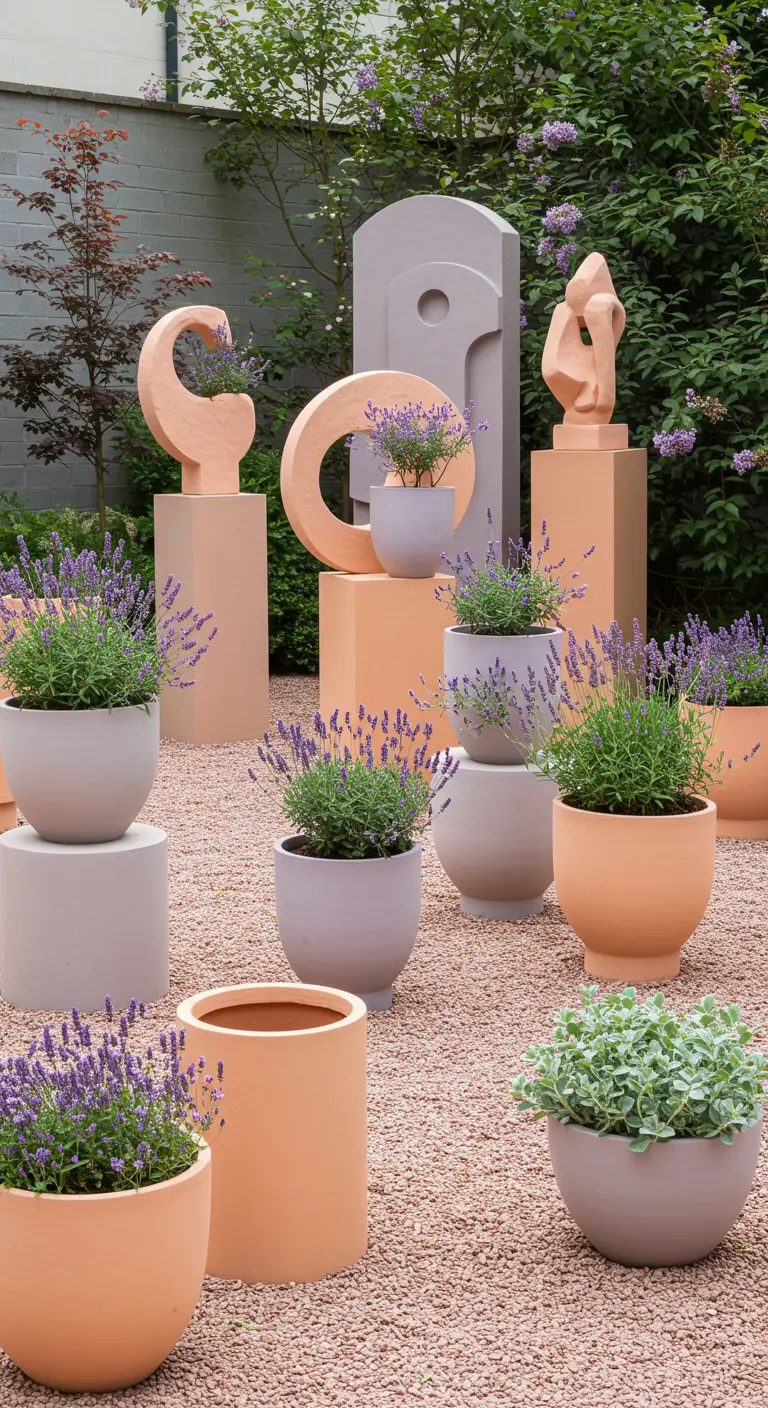 Tuin met pastelkleurige sculpturen, sokkels en potten gevuld met lavendel.