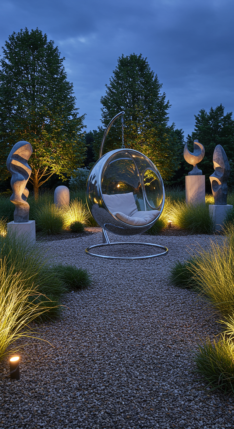 Transparante bubble chair in moderne tuin met grind, siergrassen en sculpturen.