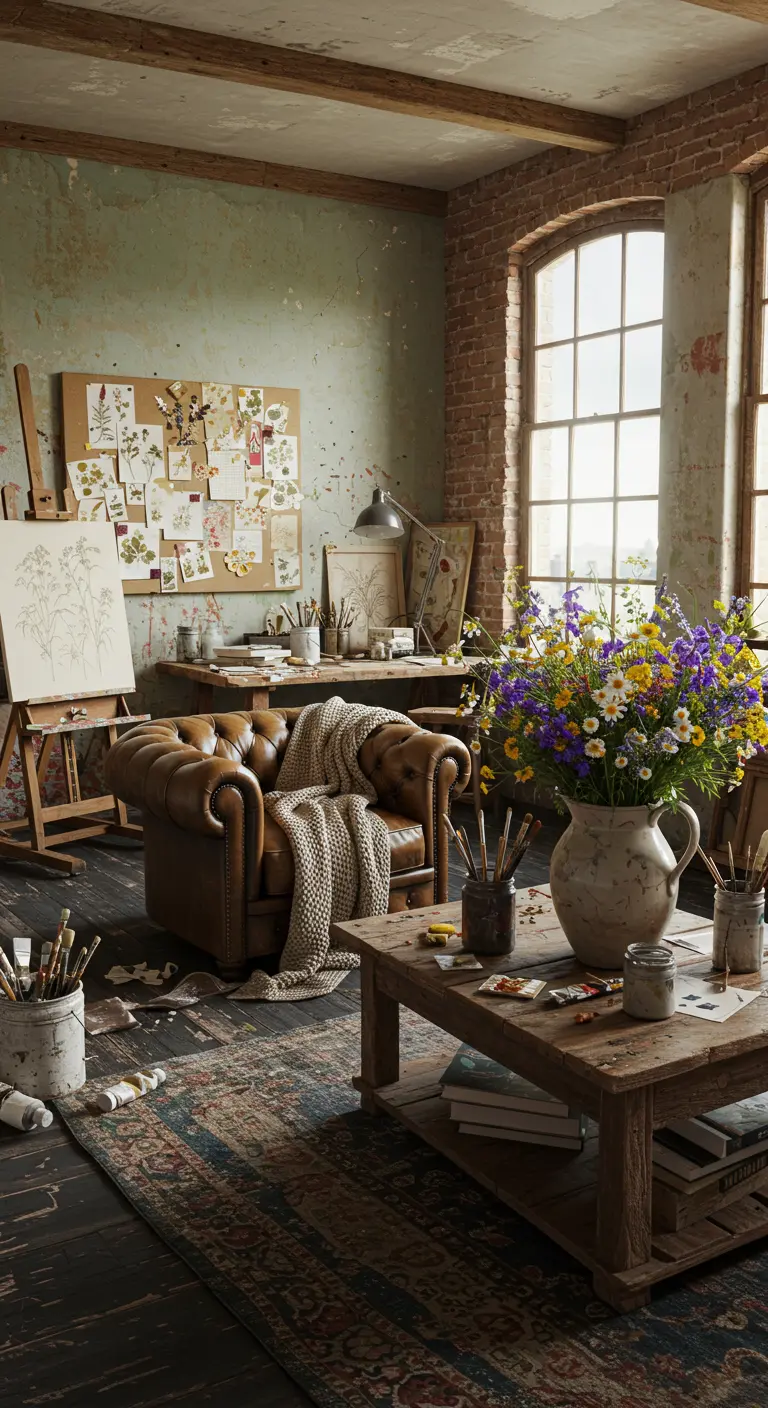 Artistieke woonkamer met leren stoel, schildersezel en bloemen.