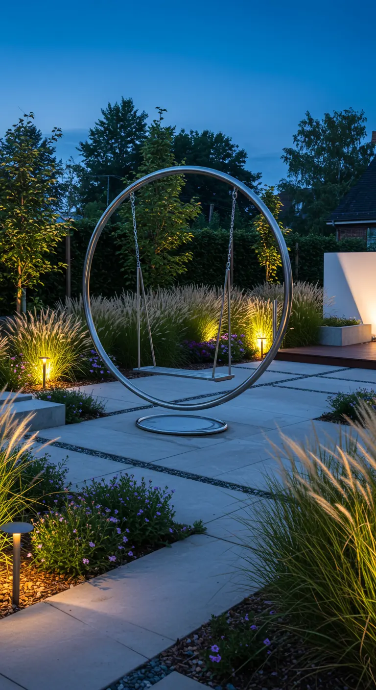 Grote ronde metalen schommel in een modern verlichte tuin met siergrassen.