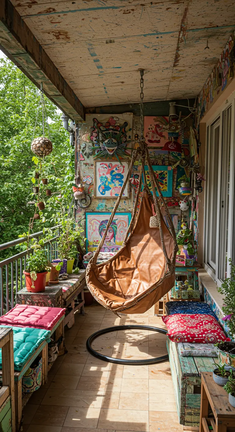 Kleurrijk, artistiek balkon met een bruinleren hangstoel en een veelvoud aan decoraties.