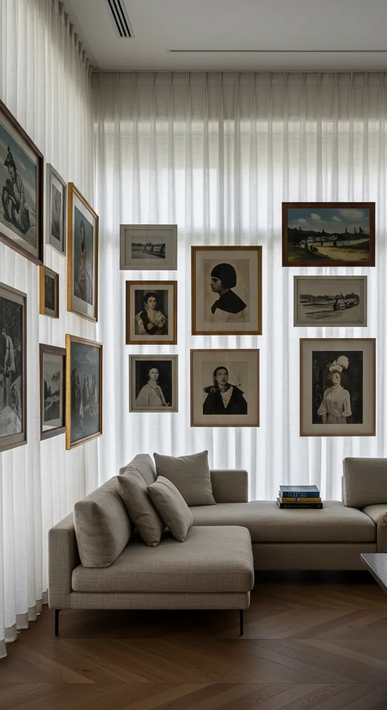 Minimalistische woonkamer met witte, doorzichtige gordijnen en hangende fotolijsten.