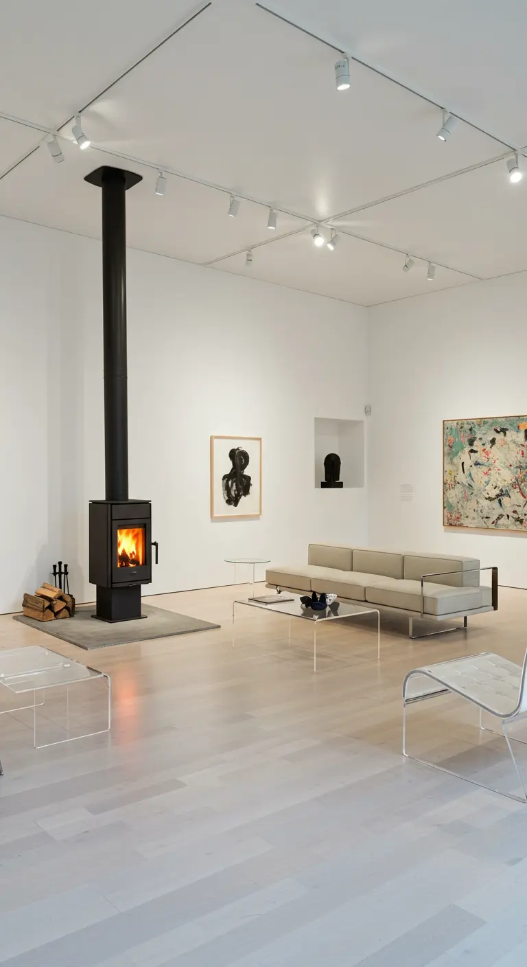 Zwarte houtkachel in een witte, minimalistische ruimte met kunst aan de muren.