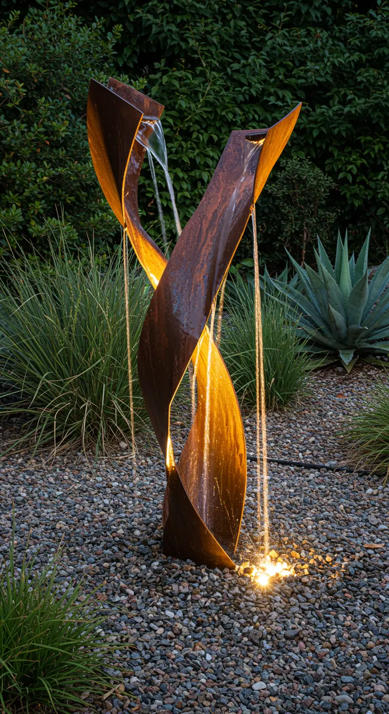 Abstracte cortenstalen sculptuur die functioneert als waterval, verlicht.