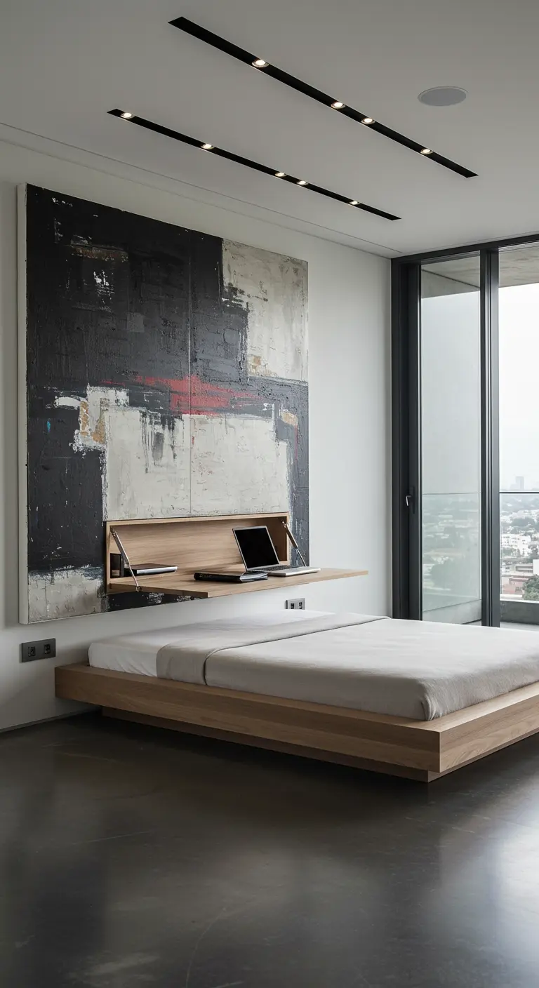 Minimalistische slaapkamer met zwevend houten bureaublad onder groot abstract kunstwerk.