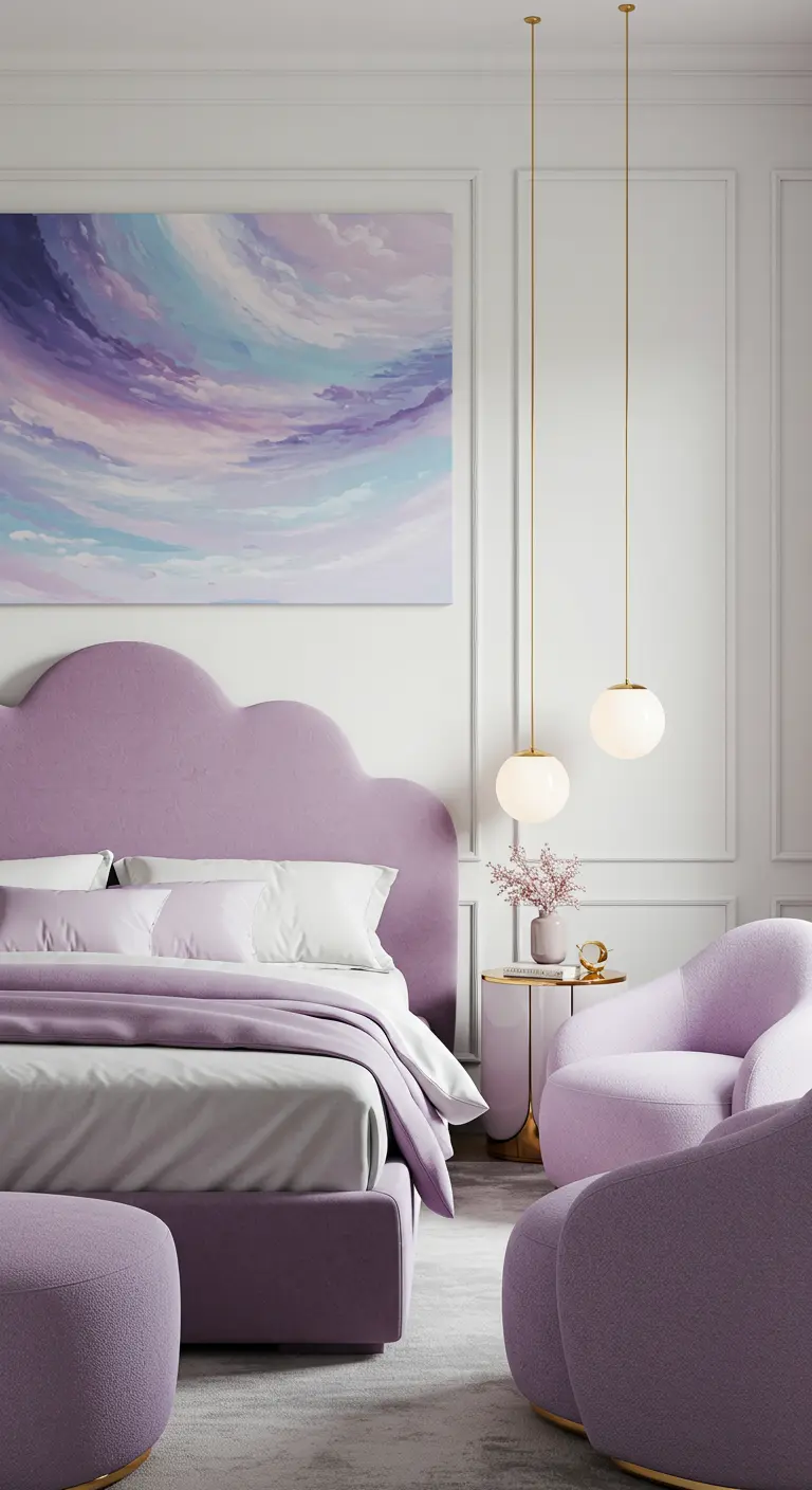 Pastelpaarse slaapkamer met wolkenhoofdbord, abstract kunstwerk, en twee ronde fauteuils.