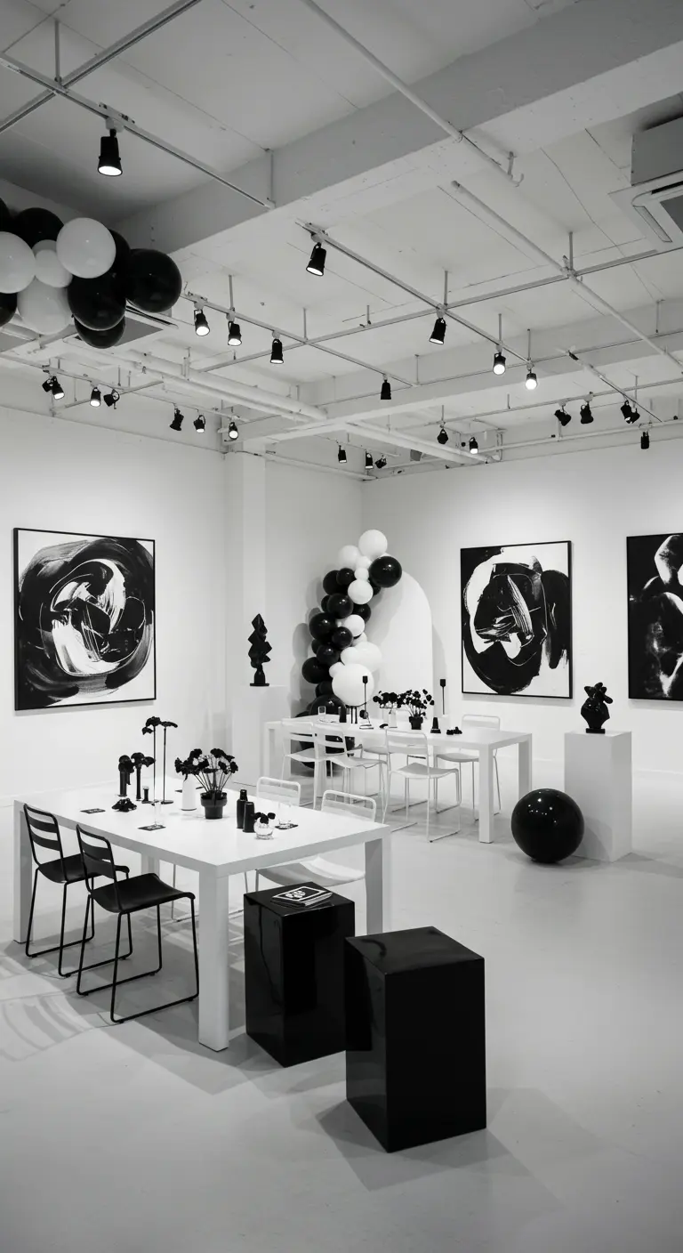 Witte galerieruimte met abstracte zwart-wit kunst, ballonnen en strakke tafels en stoelen.