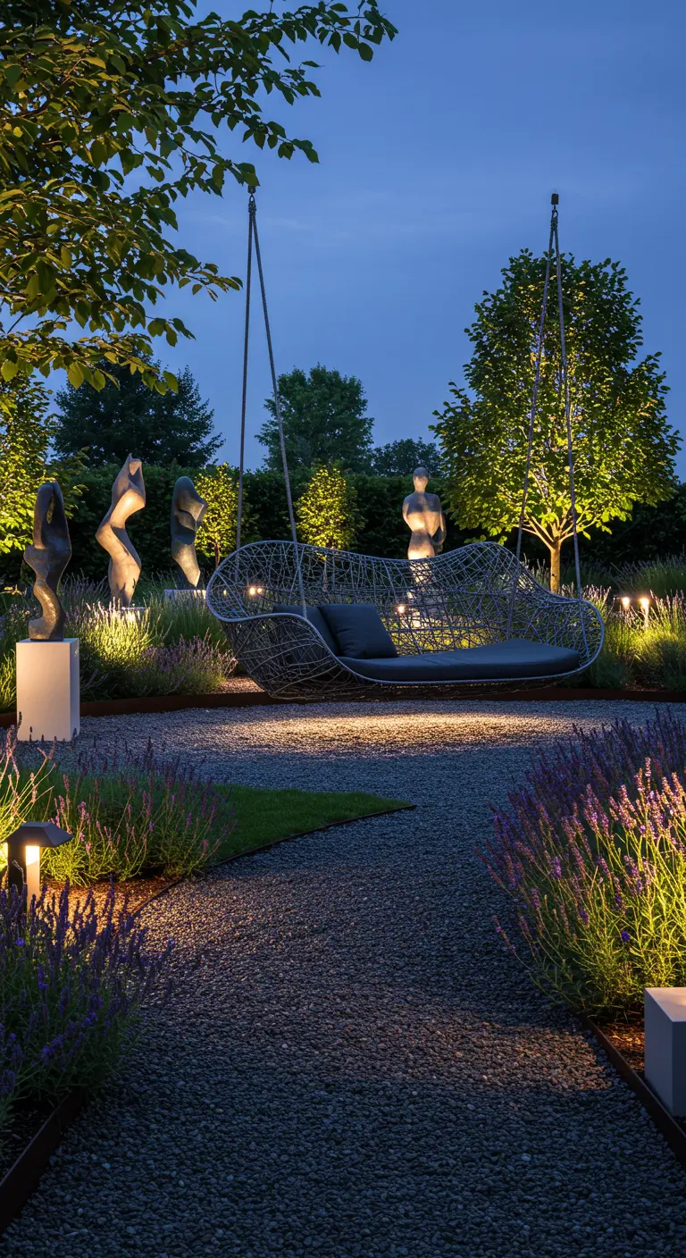 Sculpturale schommelbank op donker grind met uplighting, moderne kunstsculpturen in de tuin.