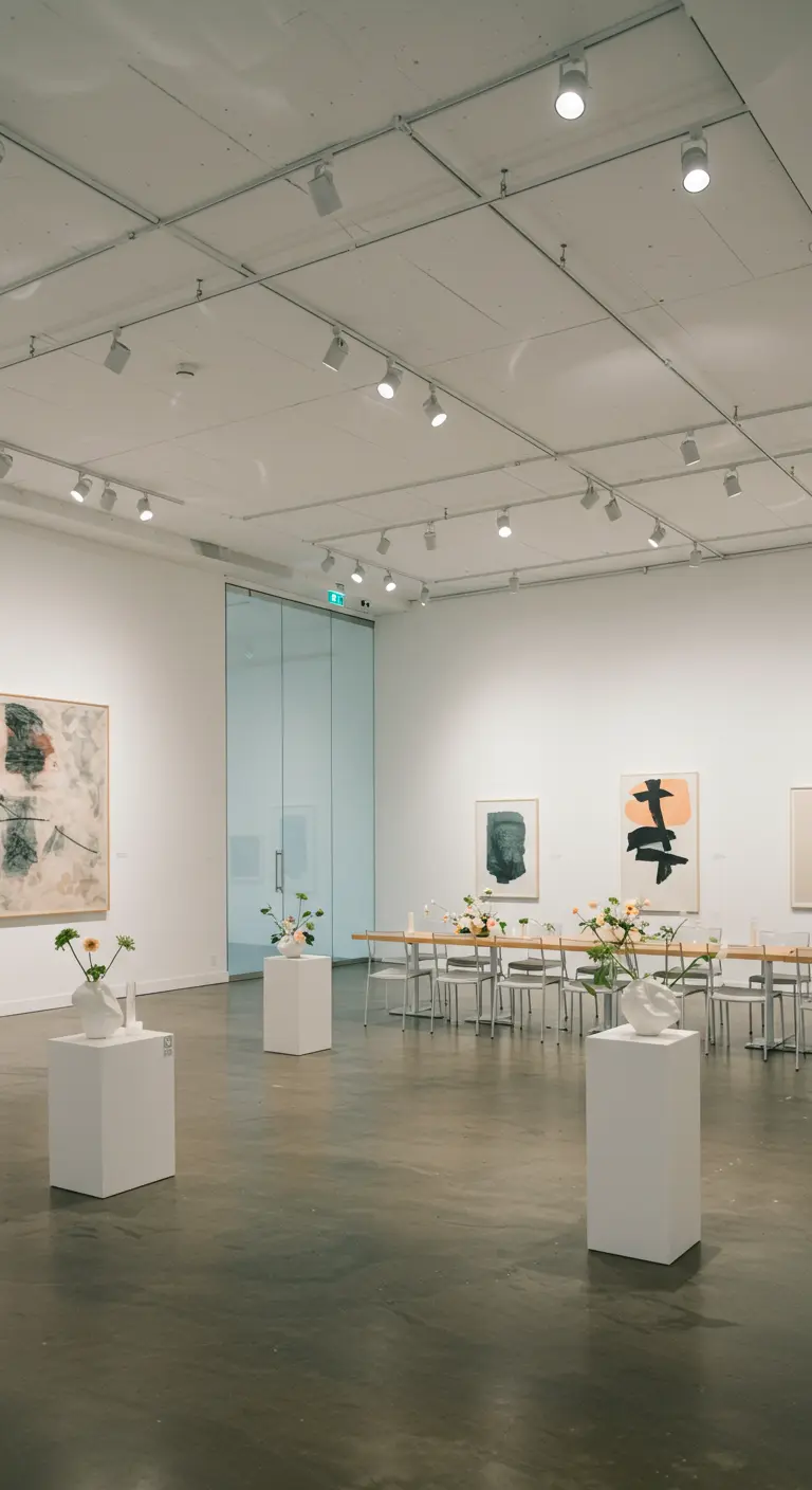 Moderne kunstgalerie als trouwlocatie met lange eettafel en minimalistische bloemen