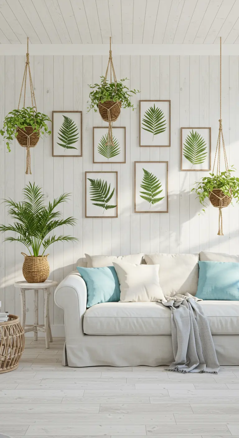 Lichte woonkamer met wit houten wandpanelen, geperste varens in lijsten en hangplanten.
