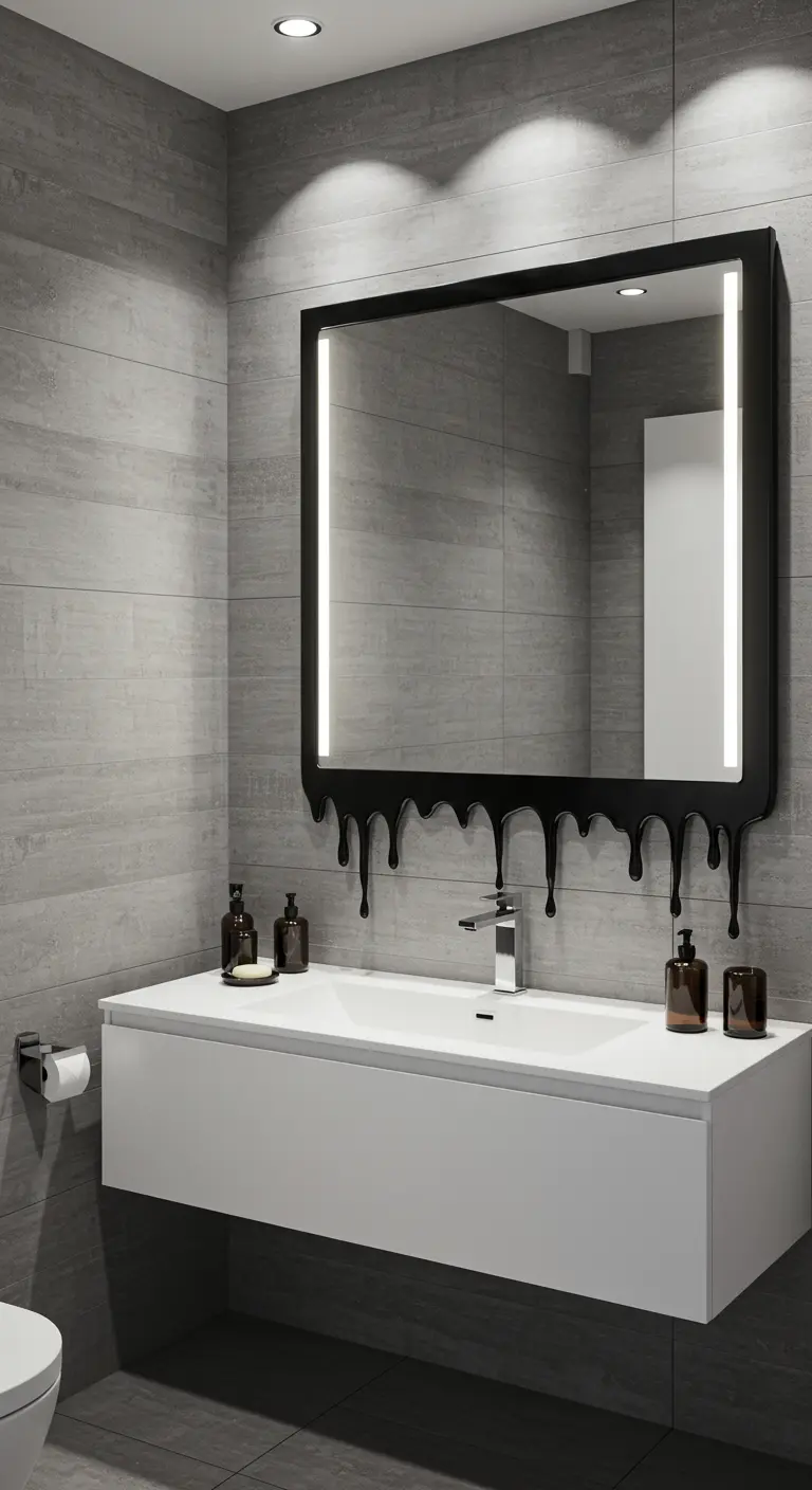 Moderne badkamer met een zwarte spiegel waarvan de onderkant lijkt te druipen.
