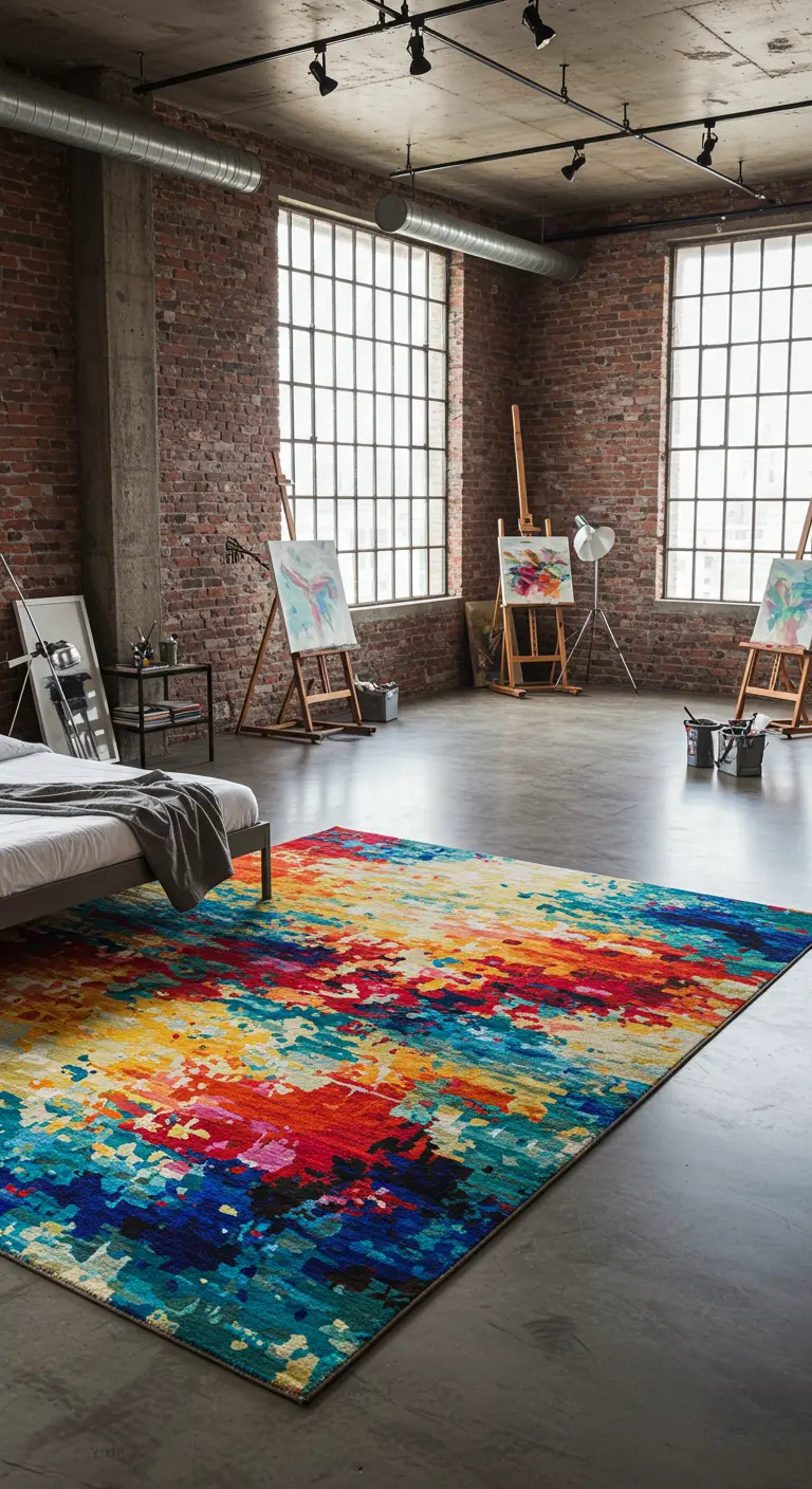 Industriële loft slaapkamer met een groot, abstract en felgekleurd vloerkleed.