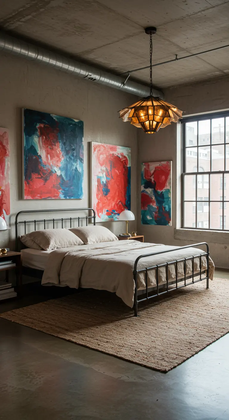 Loft slaapkamer met betonlook, metalen bed, linnen beddengoed en grote abstracte kunstwerken in rood en blauw.