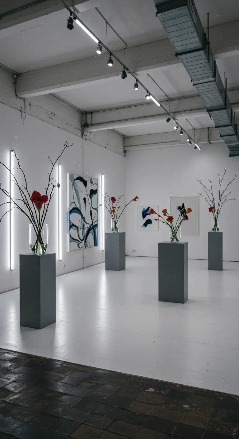 Minimalistische witte ruimte met grijze sokkels waarop vazen met artistieke bloemstukken staan.