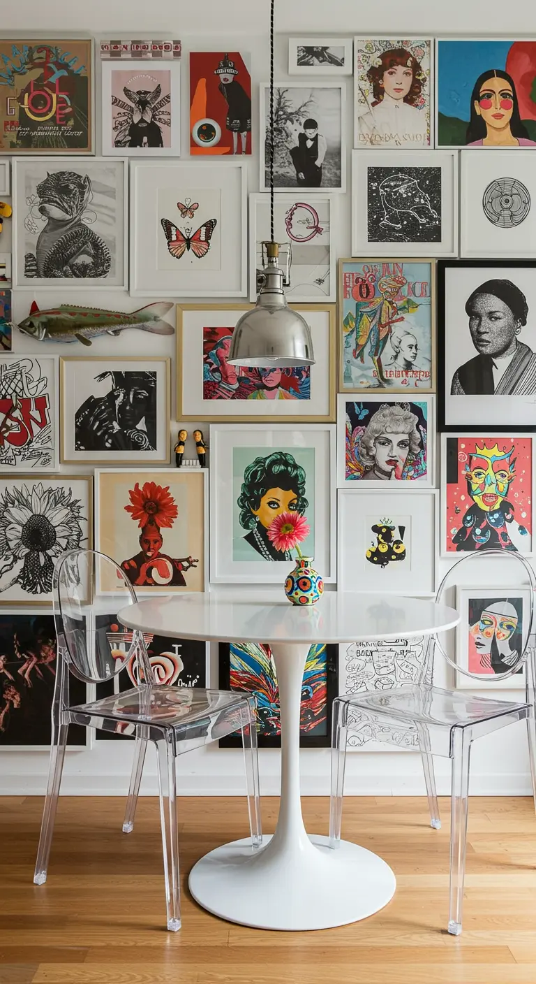 Eclectische eethoek met een volle galerijwand, ronde witte tafel en transparante stoelen.