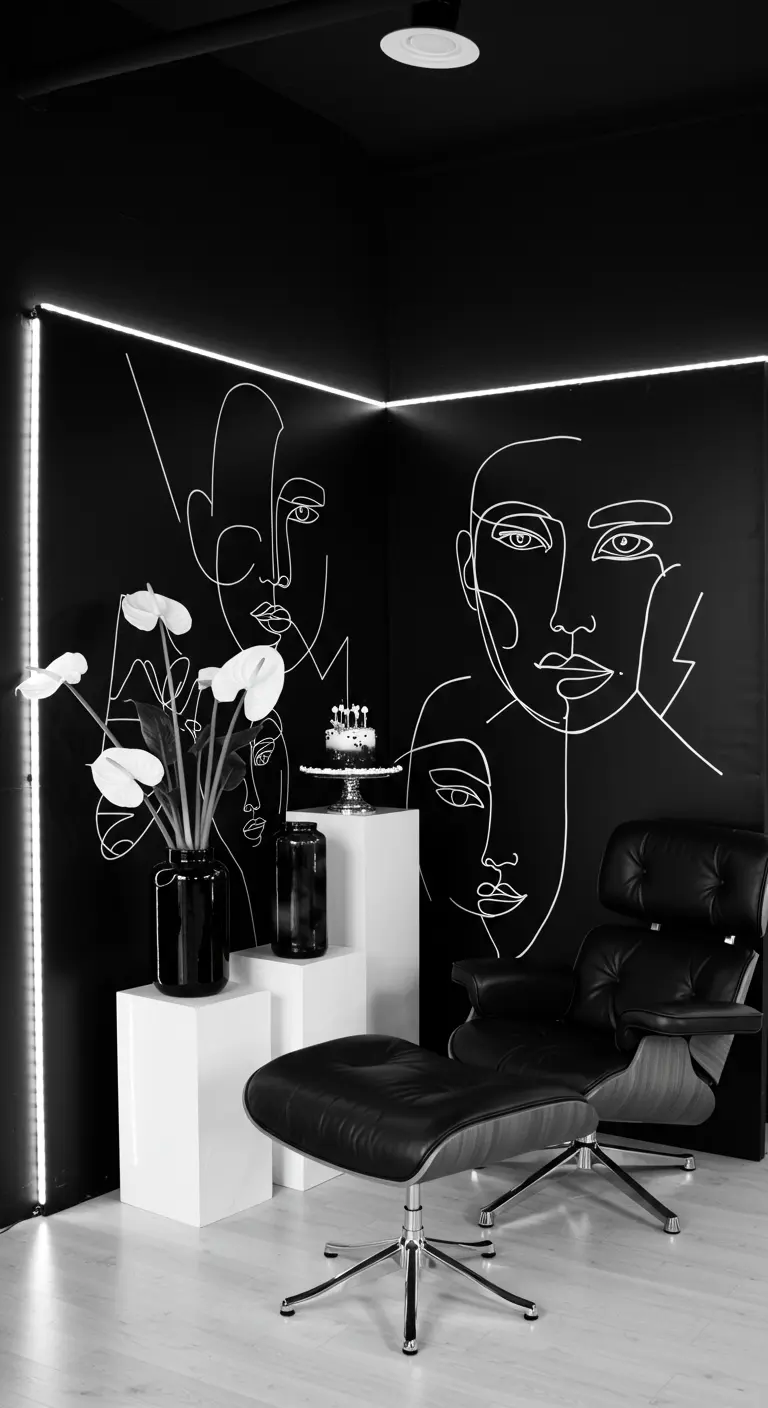 Moderne zwart-wit verjaardagshoek met abstracte lijntekeningen, LED-licht en designfauteuil.