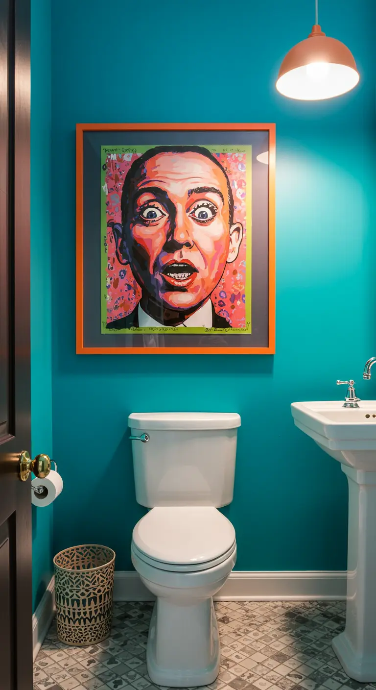 Toiletruimte met wit toilet, turquoise muur en groot Pop Art schilderij erboven.