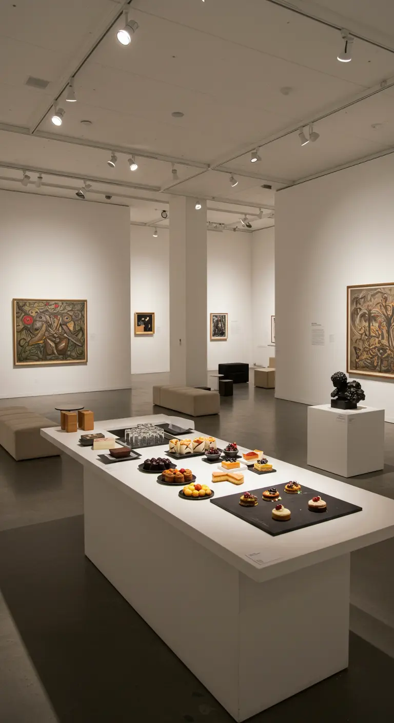 Moderne kunstgalerie met minimalistisch opgestelde gebakjes op een witte tafel.