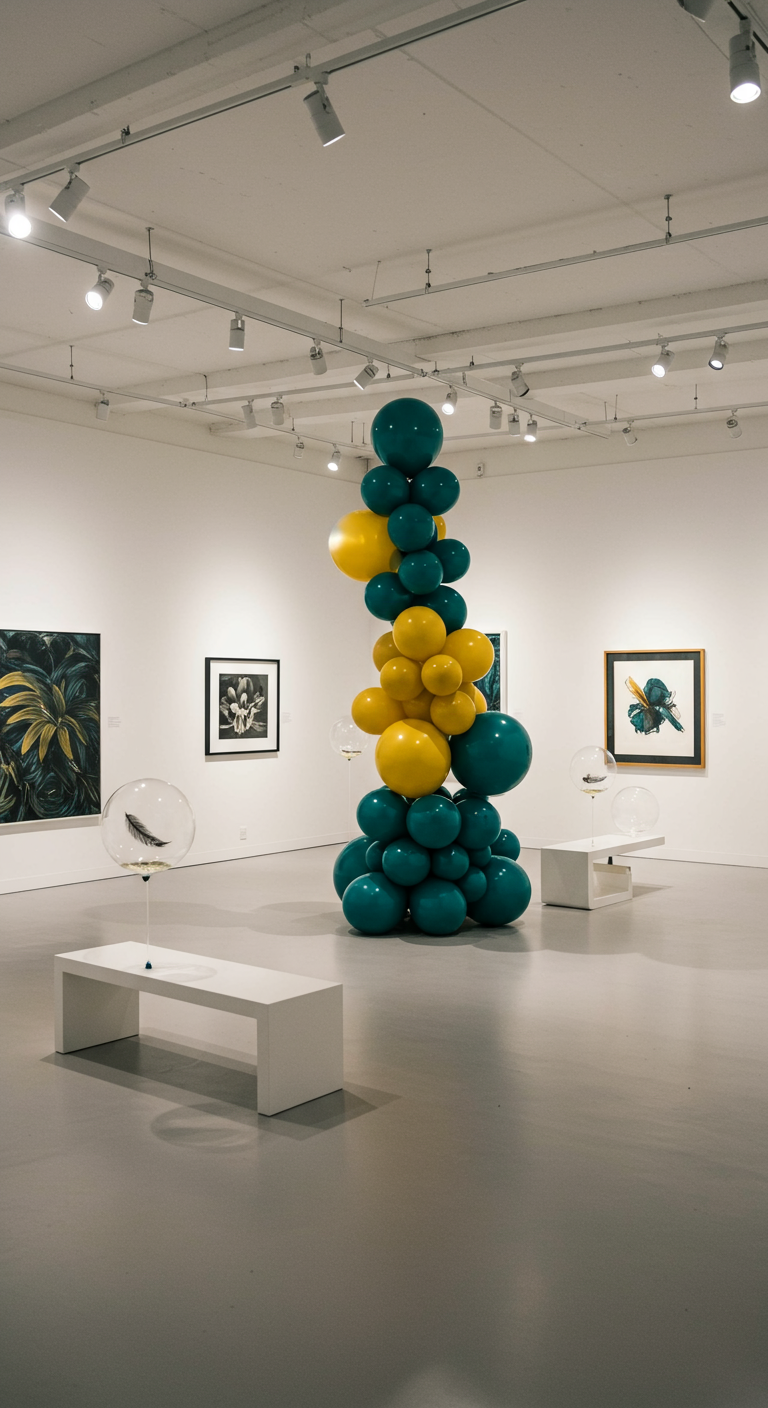 Abstracte ballonnensculptuur in groen en geel in een kunstgalerie.