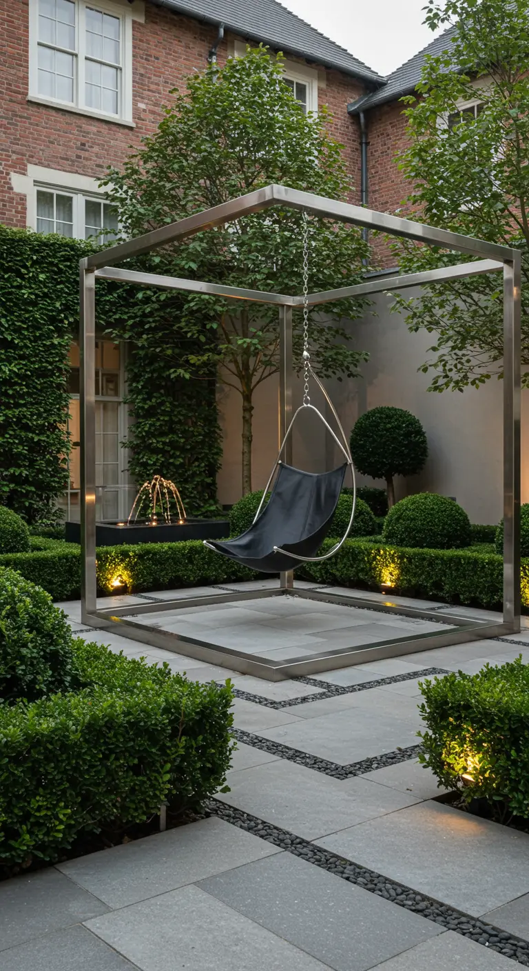 Zwarte design hangstoel in een groot, vierkant frame van glanzend metaal in een formele tuin.