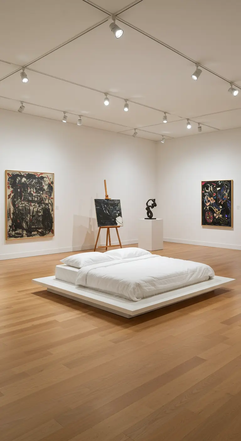 Minimalistische, galerij-achtige slaapkamer met een platformbed als centraal object en kunst aan de muren.
