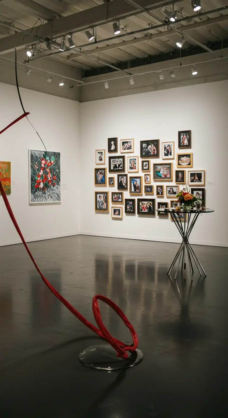 Moderne kunstruimte met een fotomuur en een abstract rood sculptuur.