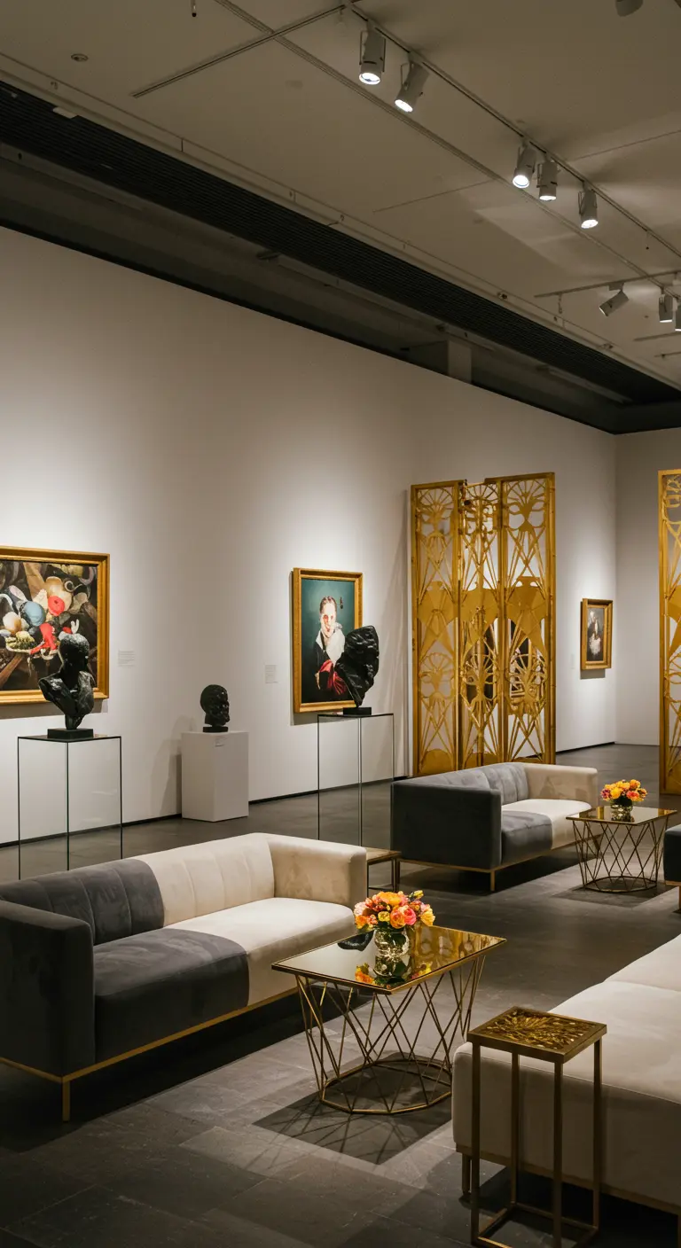 Museumlounge met art-deco schermen, grijze en crèmekleurige banken, gouden tafels.