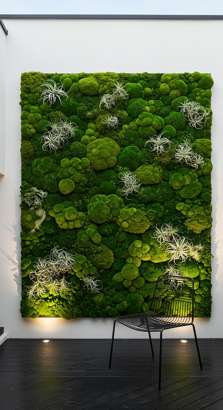 Grote verticale moswand met luchtplanten als kunstwerk naast een minimalistische stoel.