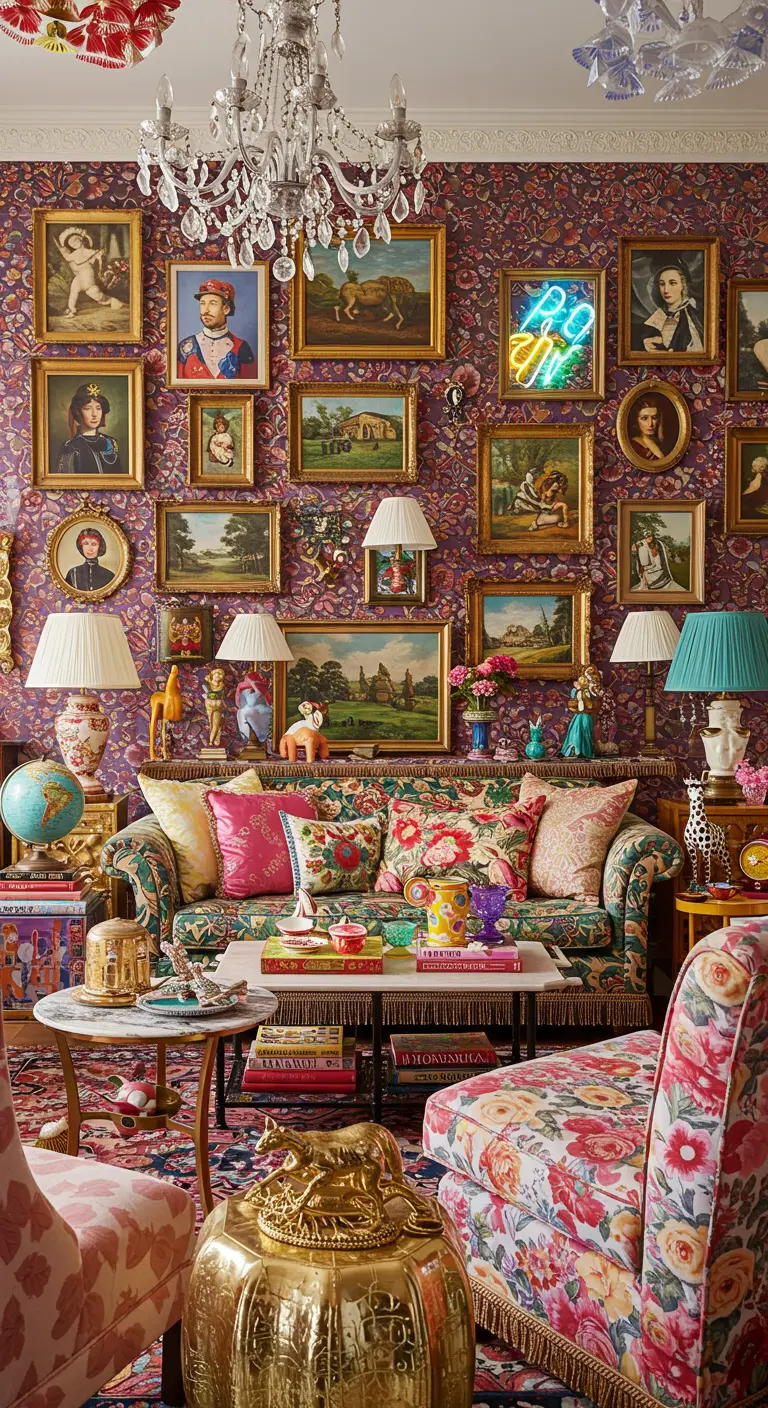 Maximalistische woonkamer met bloemenprint bank, veel kunst en kleurrijke accessoires.
