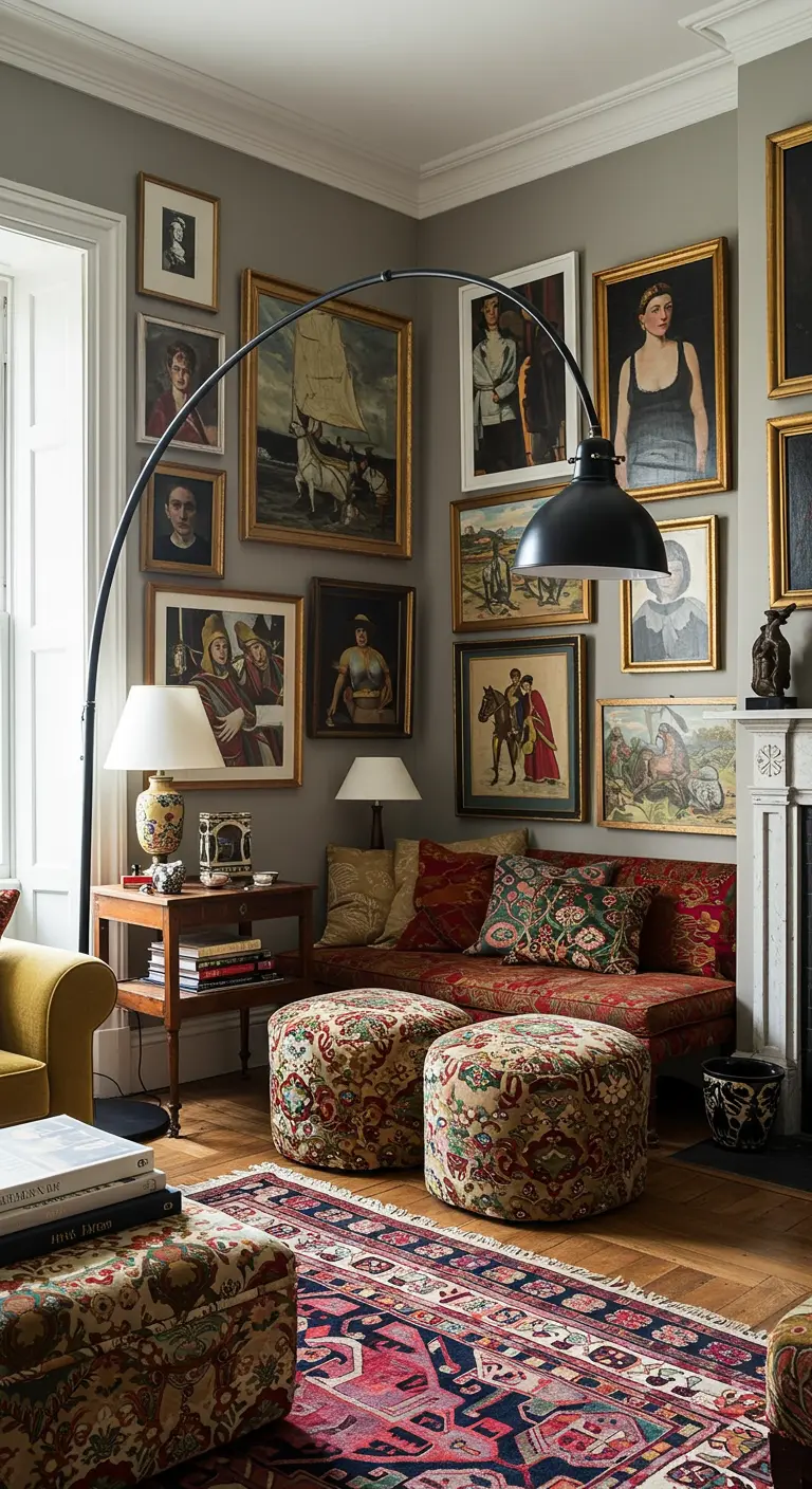 Maximalistische hoek met een galerijmuur vol schilderijen, een kleurrijke bank en een grote booglamp.