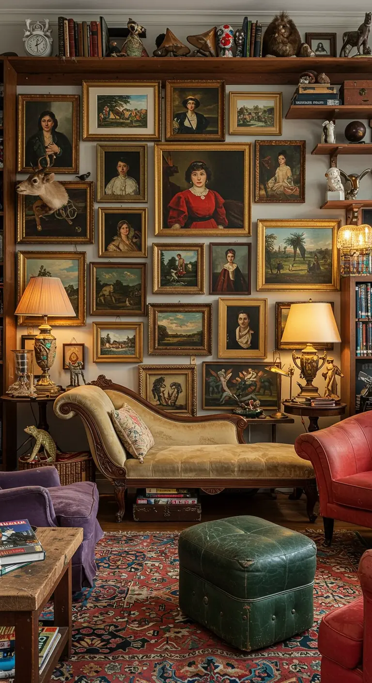 Maximalistische woonkamer met een volle gallery wall, fluwelen chaise longue en Perzisch tapijt.
