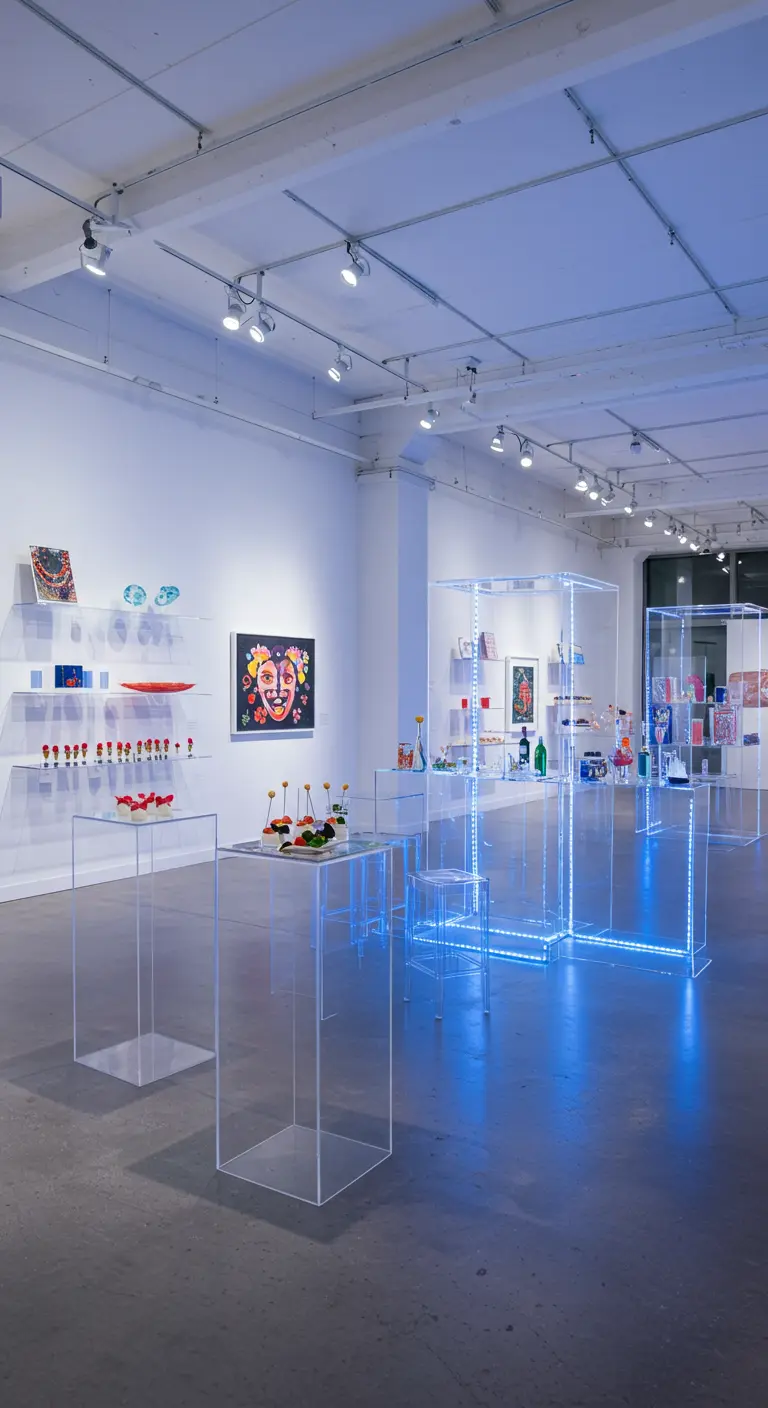 Moderne expositieruimte met hapjes en objecten op transparante plexiglas sokkels, deels verlicht met blauwe LED.