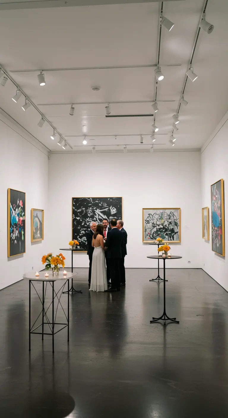 Bruidspaar en gasten bij statafels in een kunstgalerie met schilderijen aan de muren.