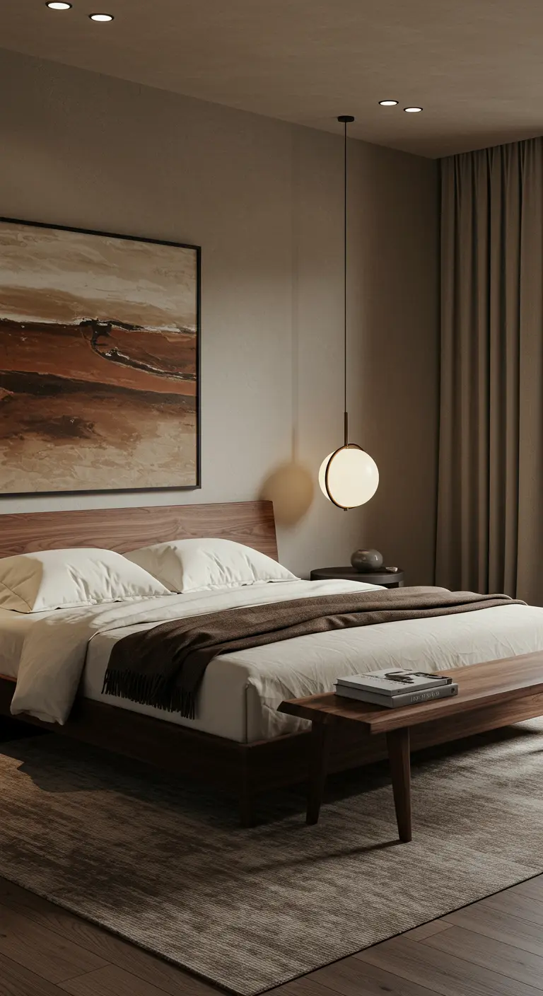 Moderne slaapkamer met groot kunstwerk en houten details in aardetinten.