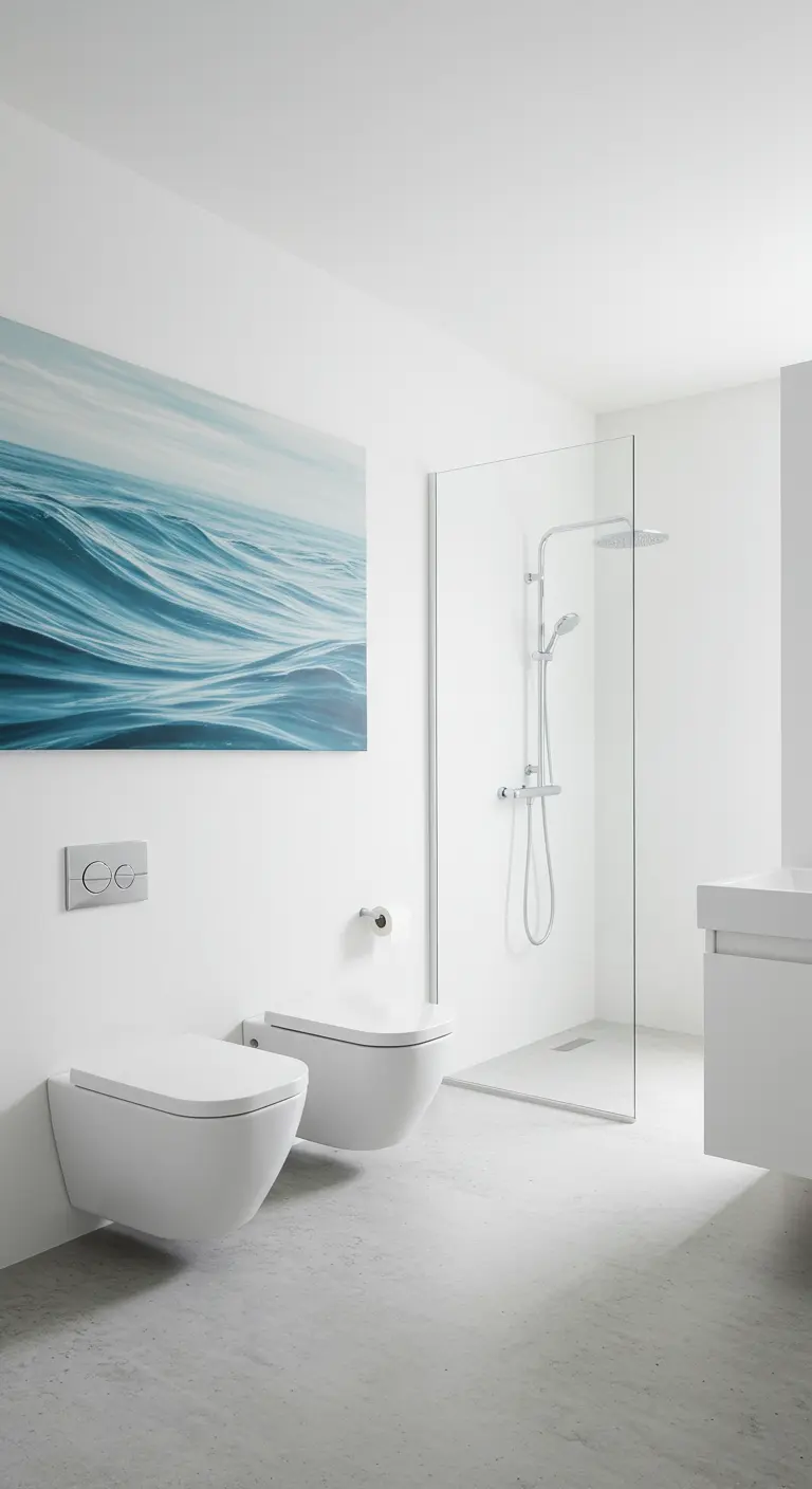 Minimalistische witte badkamer met groot schilderij van een blauwe oceaan.