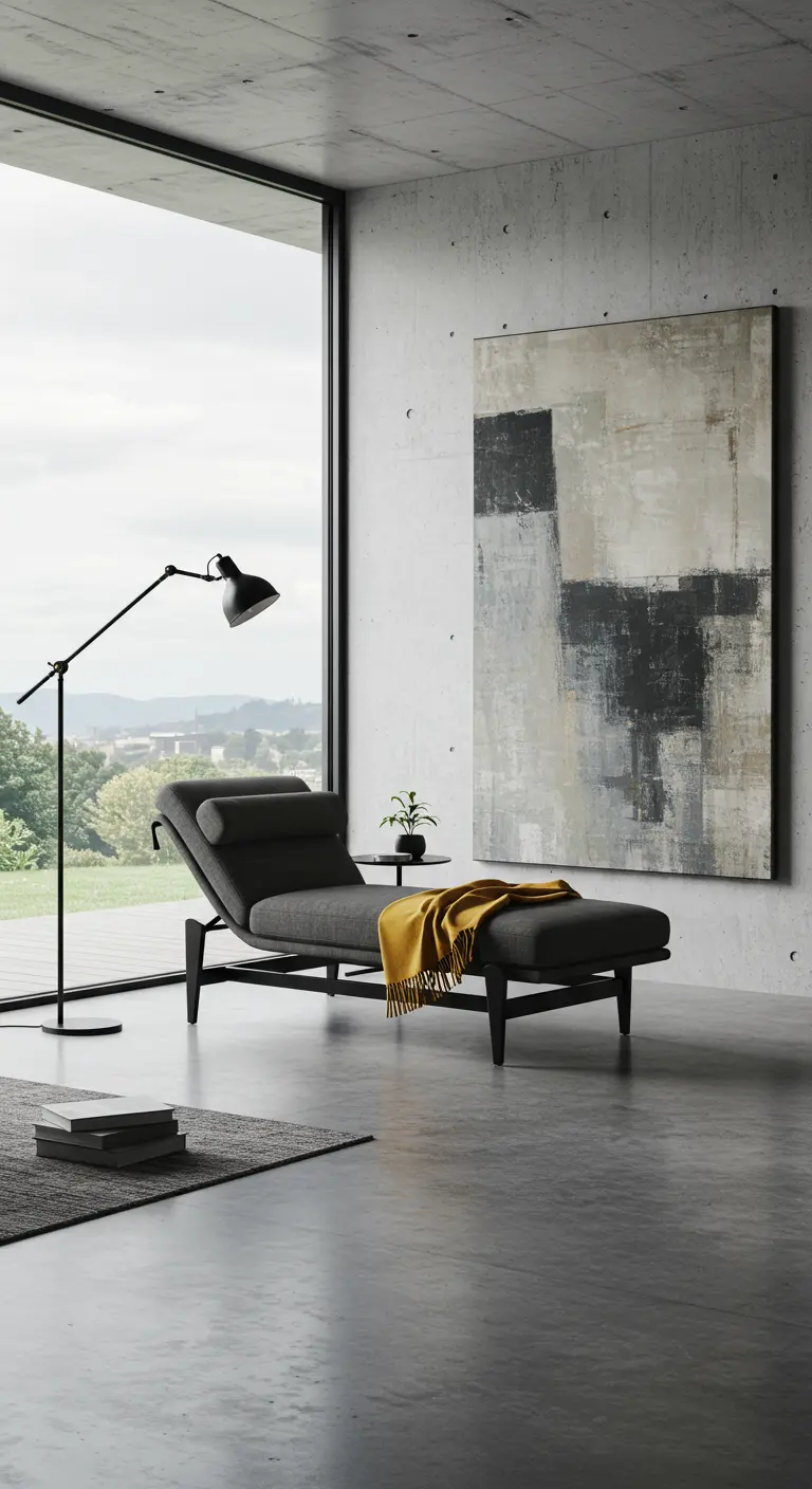 Minimalistische woonkamerhoek met grijze chaise longue, abstract schilderij en zwarte vloerlamp.