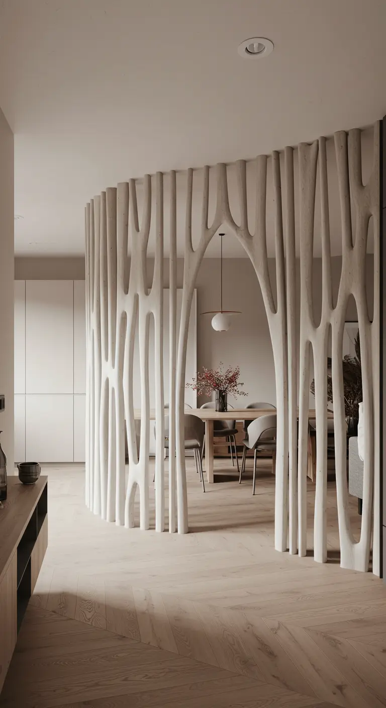 Sculpturale, organische roomdivider van lichte verticale elementen tussen eetkamer en woonkamer.