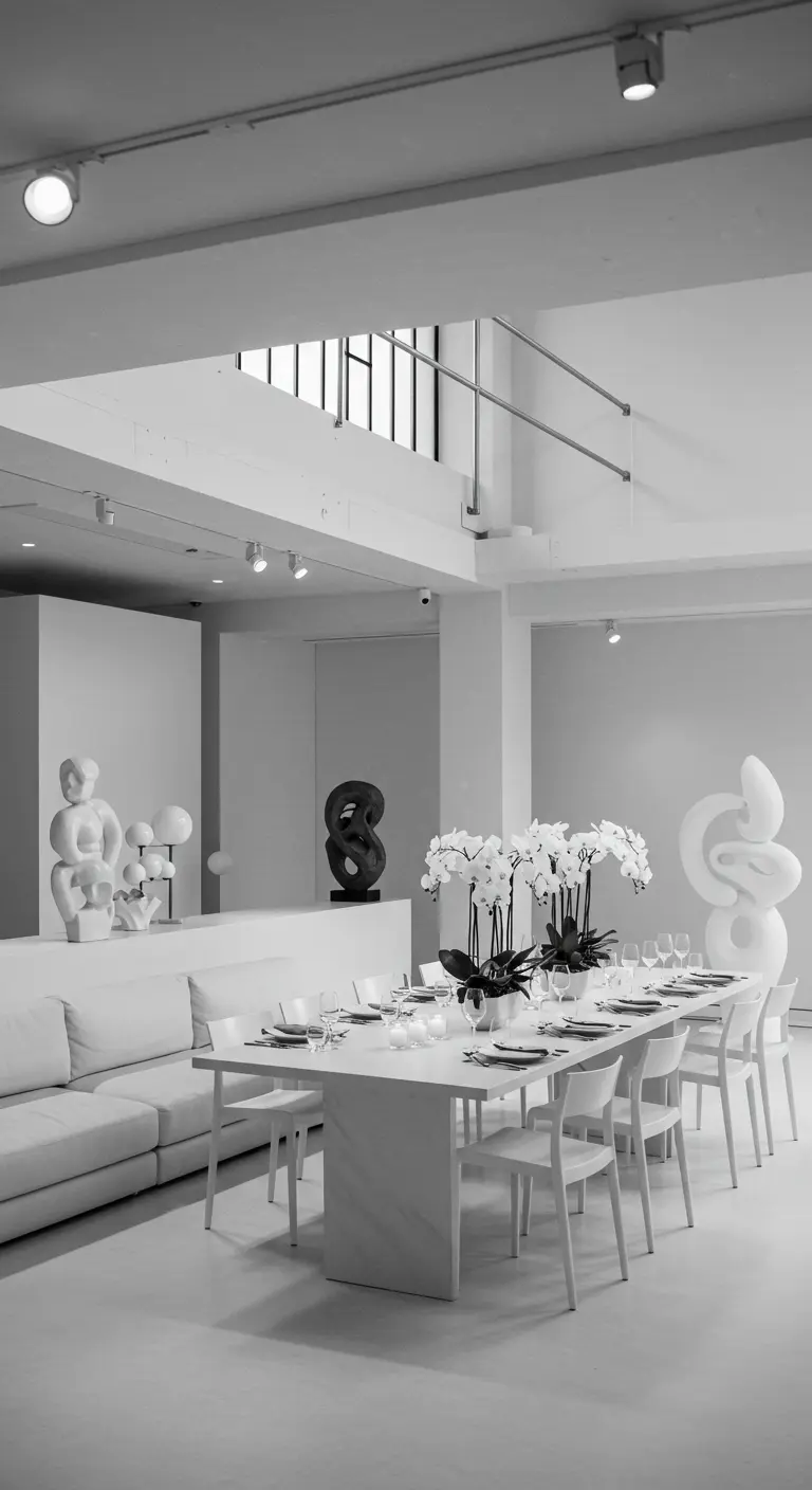 Minimalistisch witte feestruimte met lange tafel, orchideeën en sculpturen.
