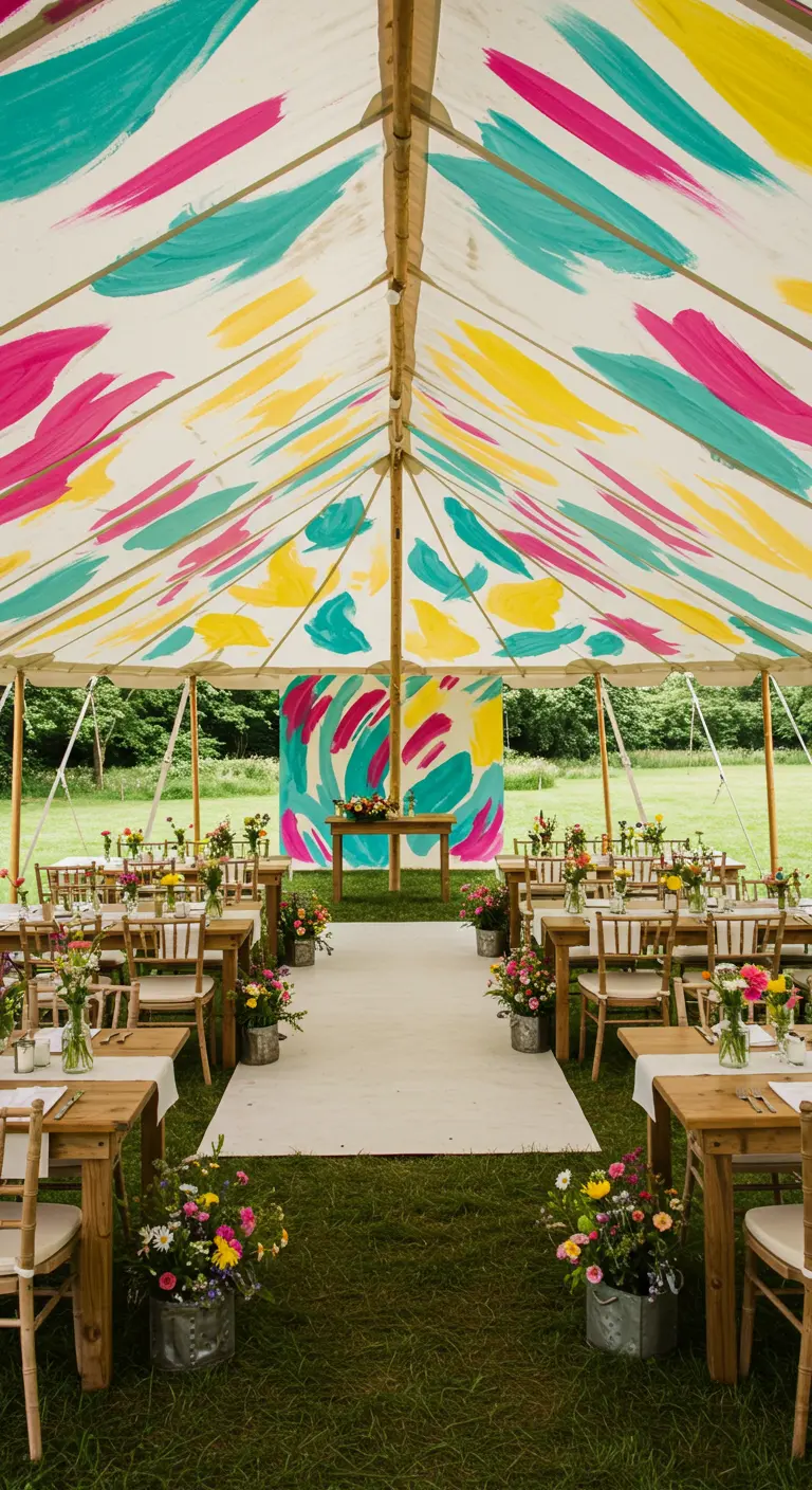 Feesttent met handgeschilderde, kleurrijke strepen aan het plafond en een bijpassende backdrop