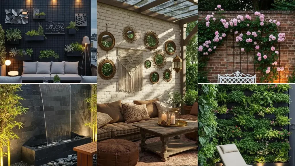 Sprekende tuinmuren met verticale tuinen, klimrozen en decoraties, die buitenmuren kunstzinnig maken.