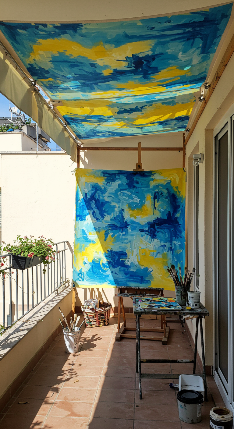 Balkon met een zelfgeschilderd doek in blauw en geel als zonwering, schildersezel ernaast.