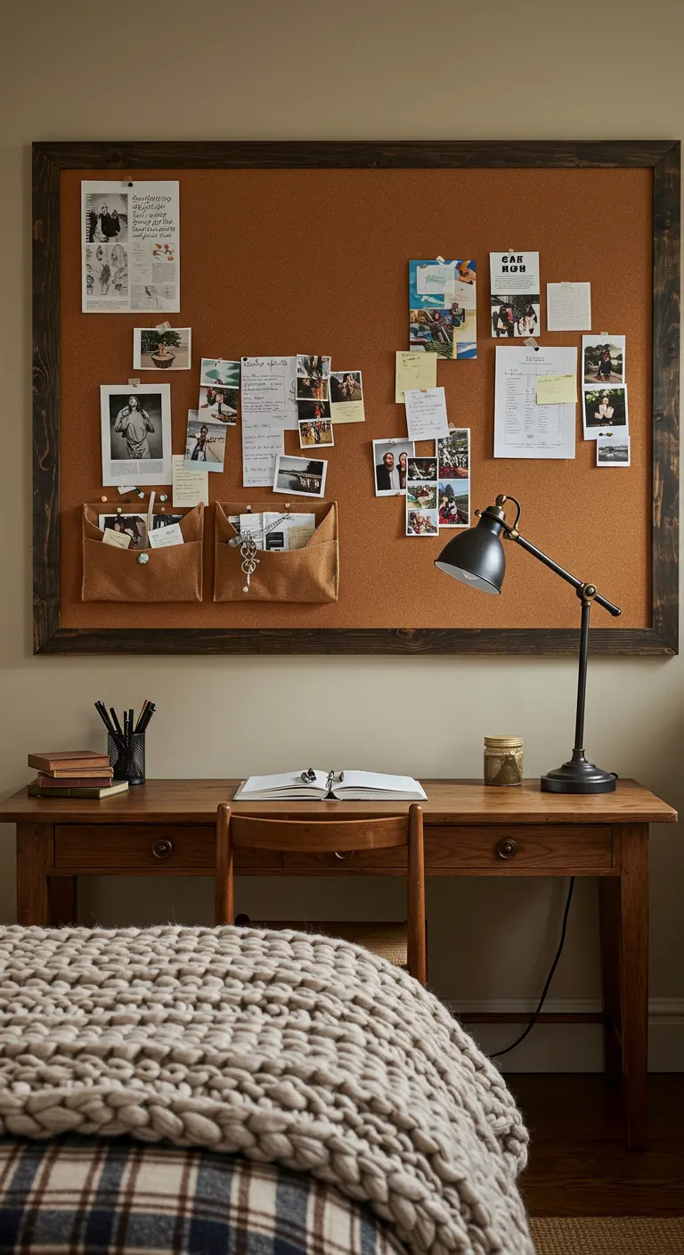 Groot kurken prikbord boven een bureau, vol met foto's, notities en stoffen opbergers.