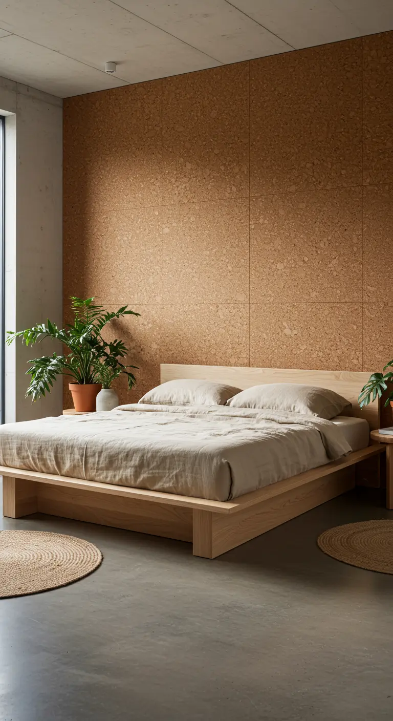 Slaapkamer met kurken accentmuur, houten platformbed en planten.