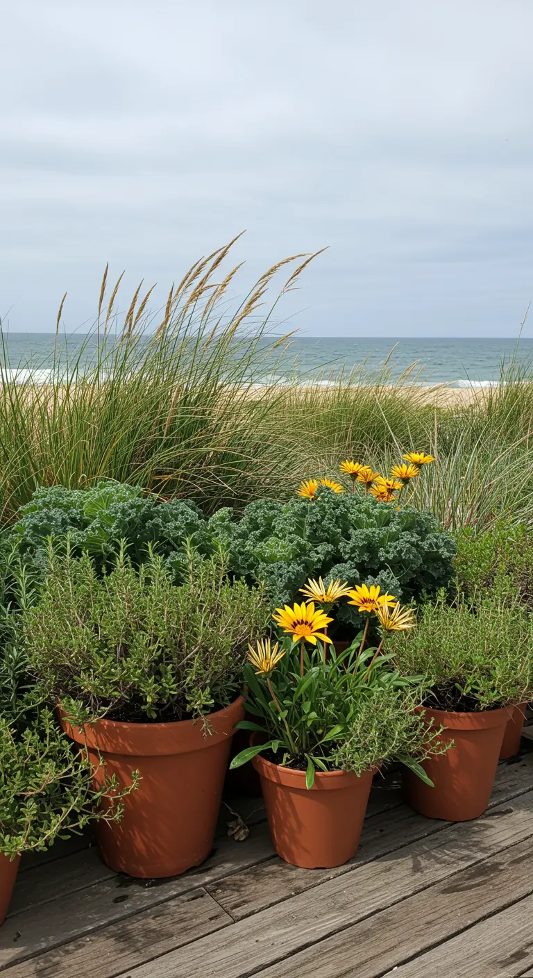 Terras met zeezicht, potten met rozemarijn, tijm, Gazania's, boerenkool en siergrassen.