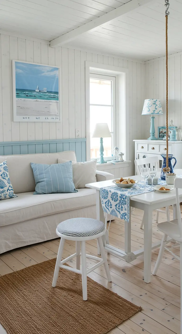 Woonkamer in kuststijl met witte bank, lichtblauwe accenten en houten vloer.