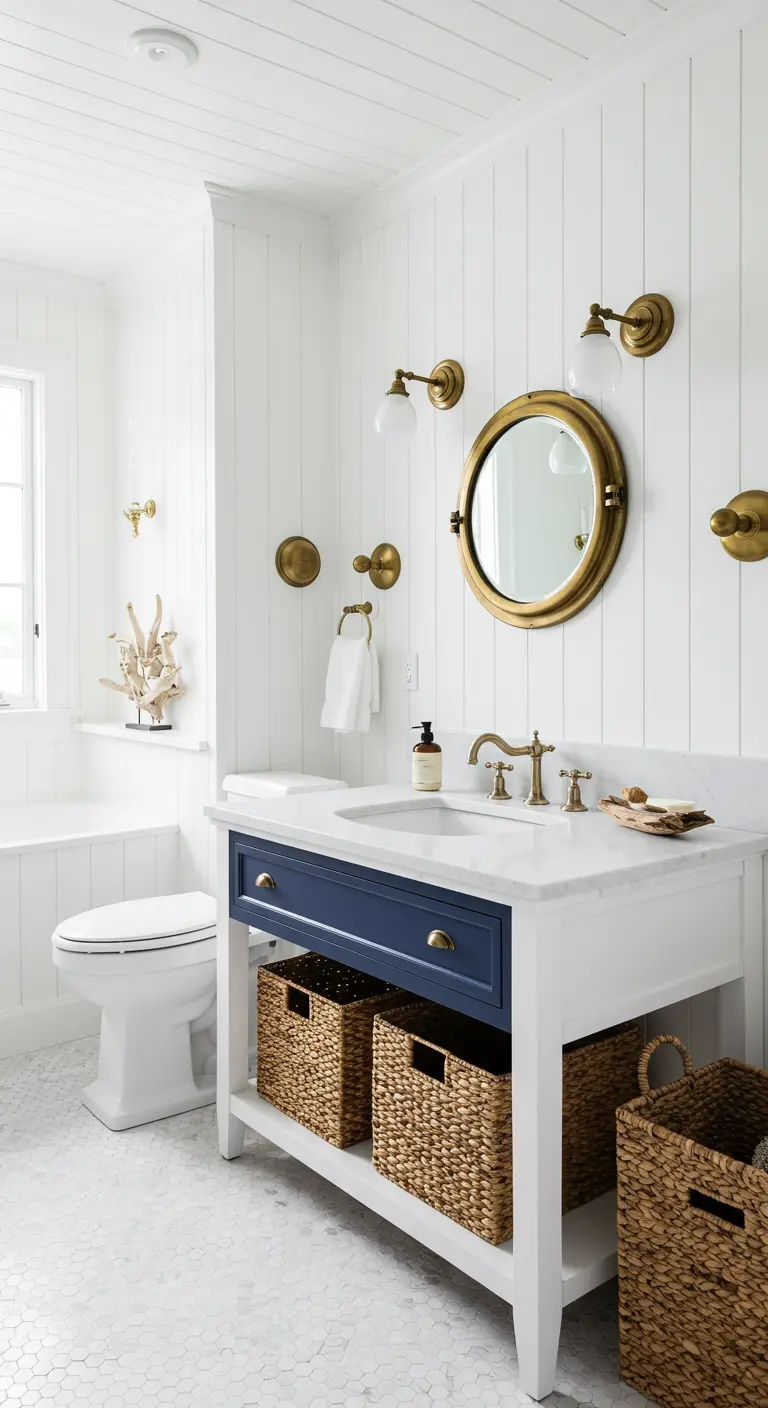 Witte badkamer met marineblauwe accenten, messing kranen en geweven manden.