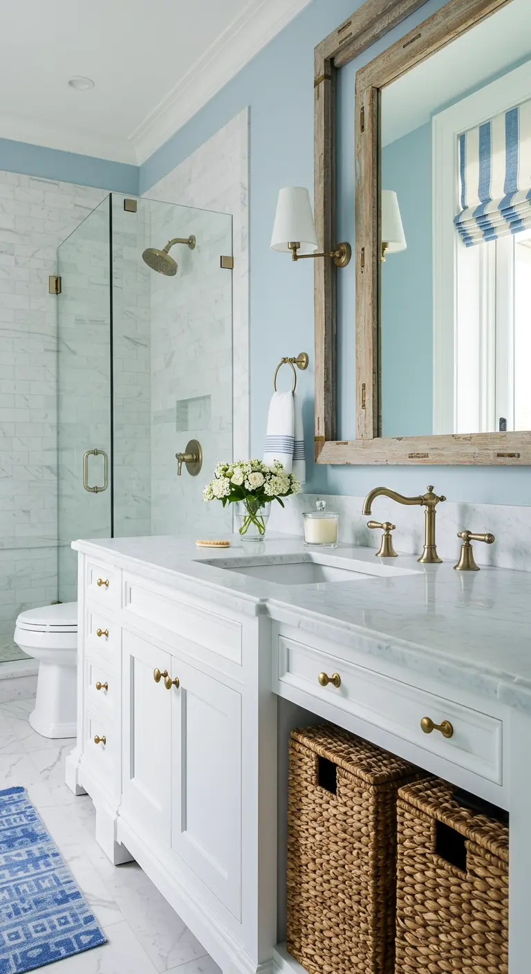 Lichtblauwe badkamer met wit meubel, marmeren blad, messing details en houten spiegel.