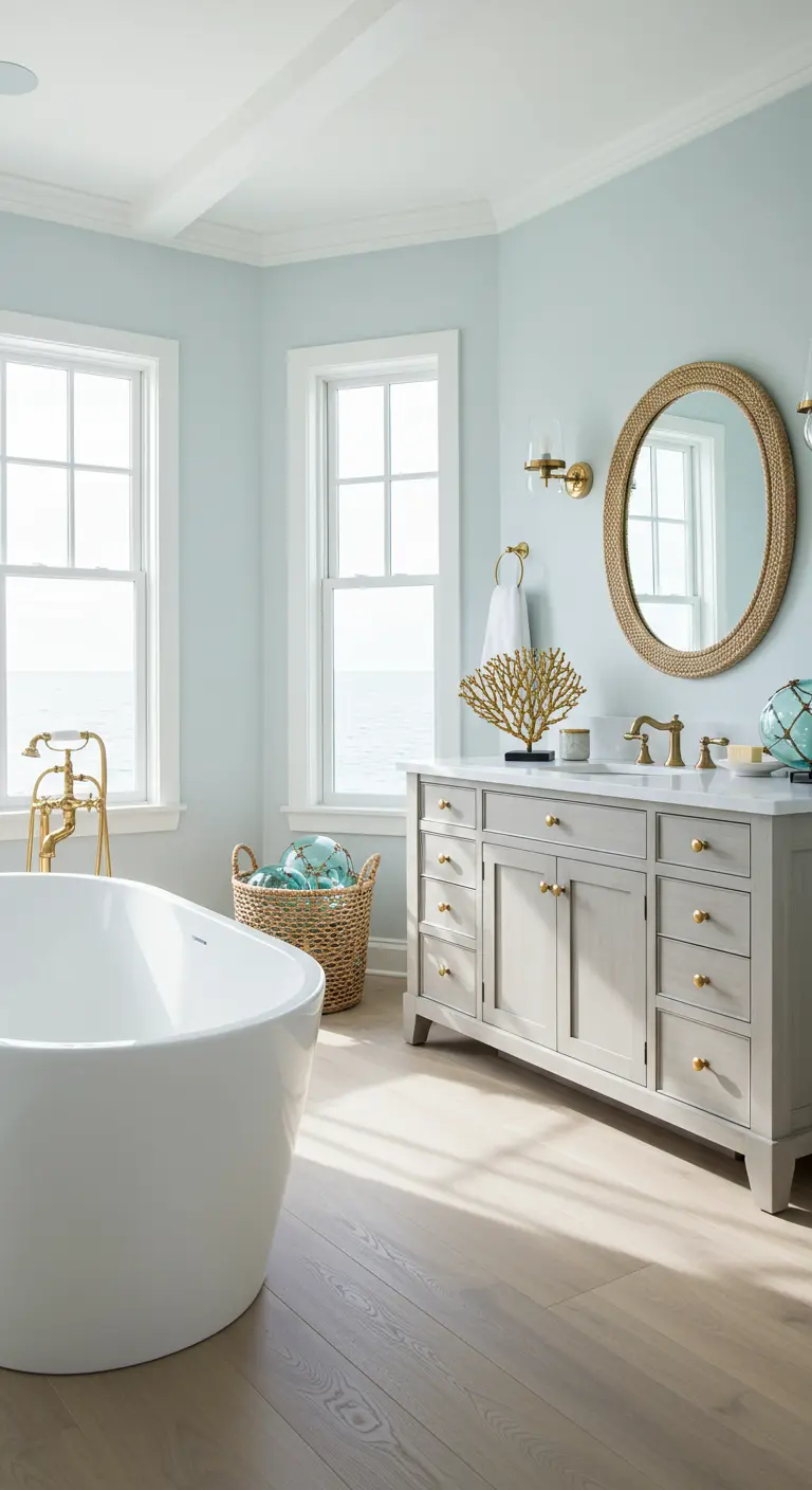 Lichte badkamer met aqua muren, grijsblauw meubel, gouden accenten en rieten details.